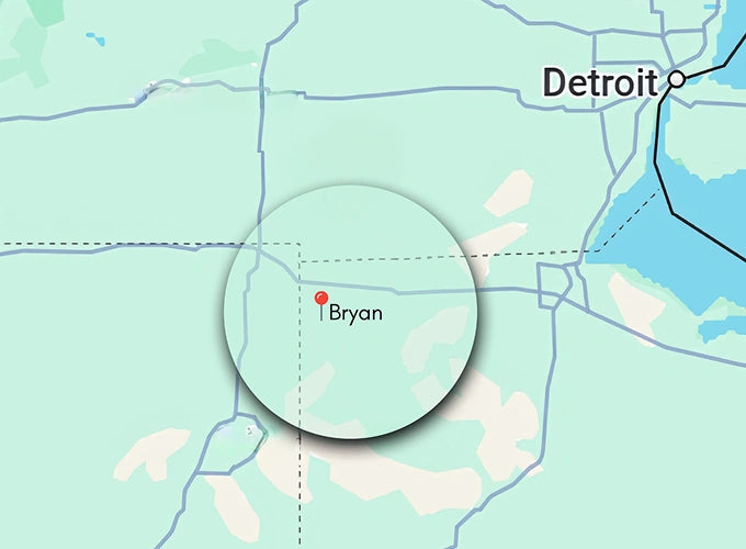 Baker's Propane Map showing the location of Bryan, Ohio, highlighted with a magnifying circle, in relation to Detroit, Michigan.