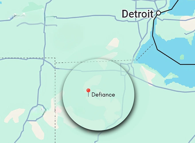 Baker's Propane Map showing the location of Defiance, Ohio, highlighted with a magnifying circle, in relation to Detroit, Michigan.