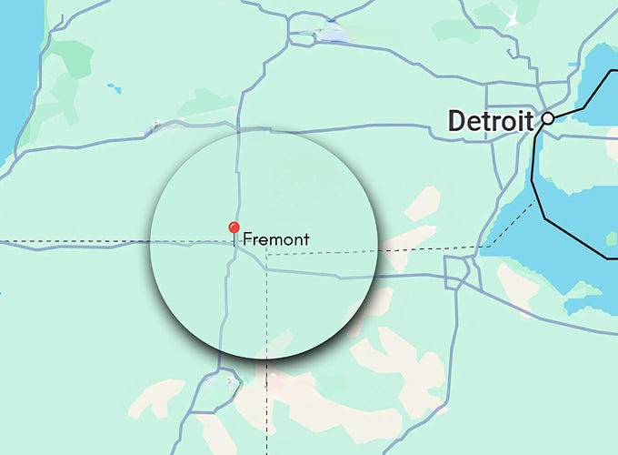 Baker's Propane Map showing the location of Fremont, Ohio, highlighted with a magnifying circle, in relation to Detroit, Michigan.