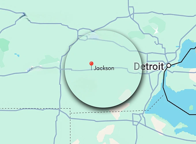Baker's Propane Map showing the location of Jackson, Ohio, highlighted with a magnifying circle, in relation to Detroit, Michigan.