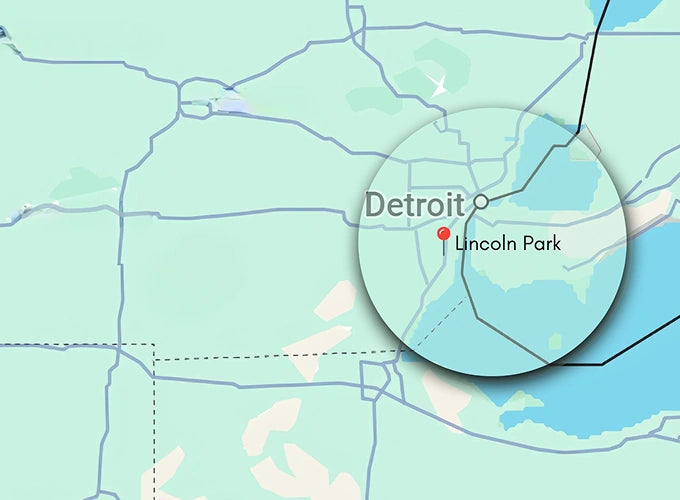 Baker's Propane Map showing the location of Lincoln Park, Ohio, highlighted with a magnifying circle, in relation to Detroit, Michigan.
