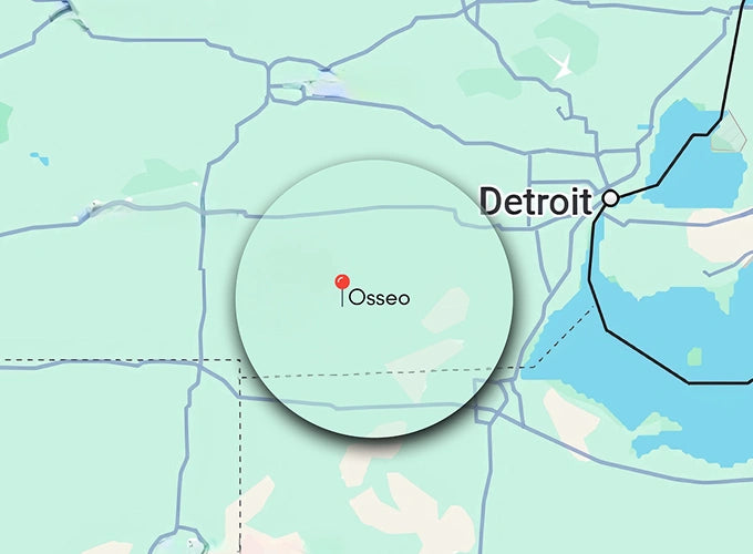 Baker's Propane Map showing the location of Osseo, Ohio, highlighted with a magnifying circle, in relation to Detroit, Michigan.