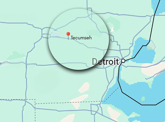 Baker's Propane Map showing the location of Tecumseh, Ohio, highlighted with a magnifying circle, in relation to Detroit, Michigan.