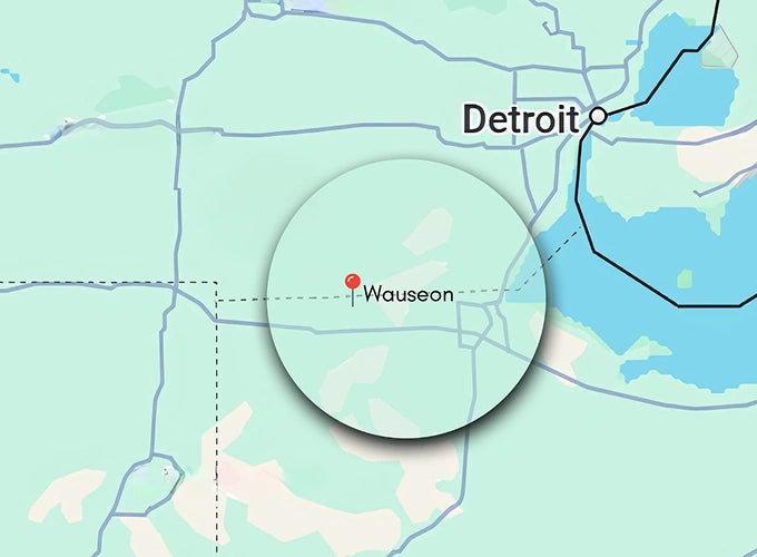 Baker's Propane Map showing the location of Wauseon, Ohio, highlighted with a magnifying circle, in relation to Detroit, Michigan.